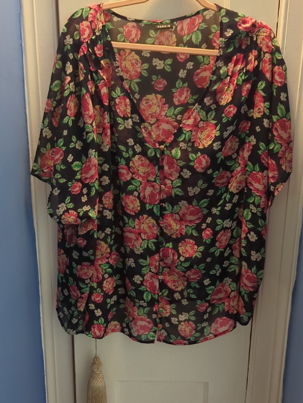 torrid Black Floral Blouse with Pink Roses and Green Leaves
